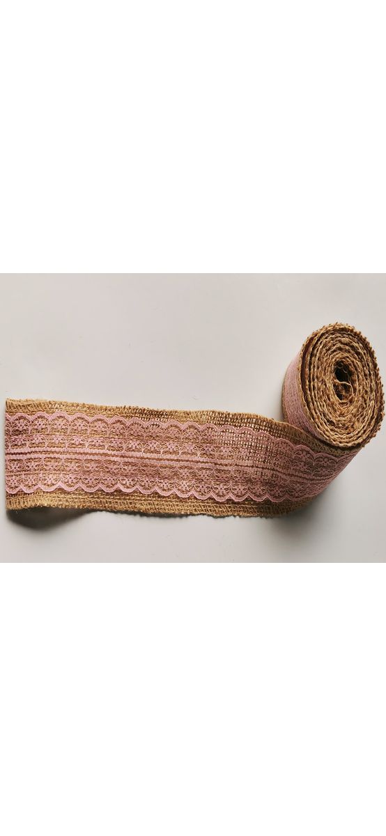 Bandă iută natur cu dantelă roz pal, rolă de 6x200 cm