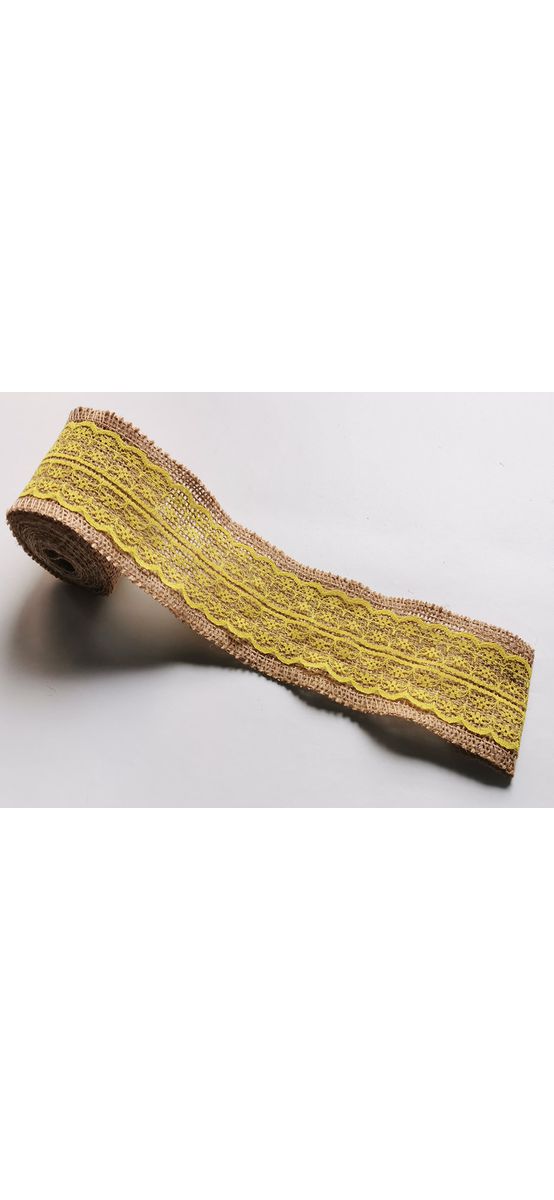 Bandă iută natur cu dantelă galbenă, rolă de 6x200 cm