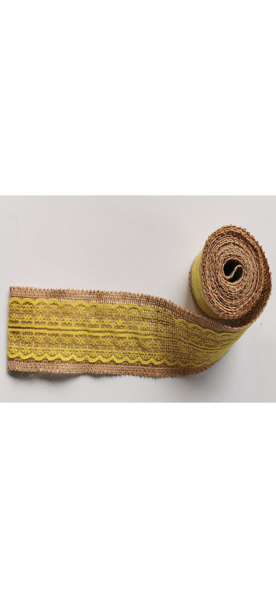 Bandă iută natur cu dantelă galbenă, rolă de 6x200 cm