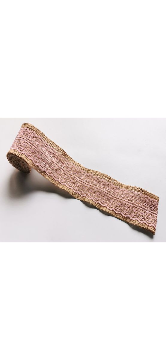 Bandă iută natur cu dantelă roz pal, rolă de 6x200 cm
