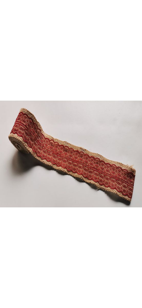 Bandă iută natur cu dantelă vişinie, rolă de 6x200 cm