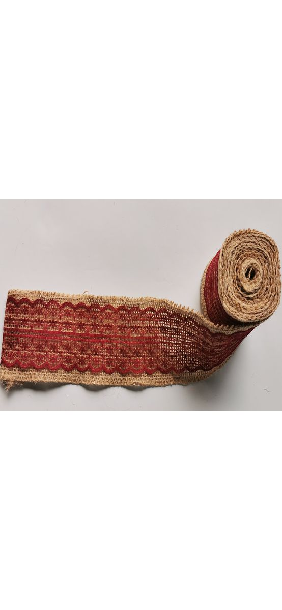 Bandă iută natur cu dantelă vişinie, rolă de 6x200 cm
