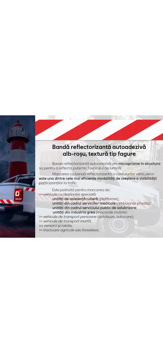 Bandă reflectorizantă autoadezivă de marcaj contur alb-roșu pentru siguranța rutieră, rolă 5 cm x 5 m