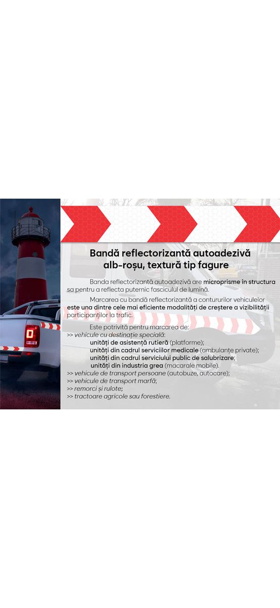 Bandă reflectorizantă autoadezivă de marcaj contur cu săgeți de culoare alb-roșu pentru siguranța rutieră, rolă 5 cm x 5 m