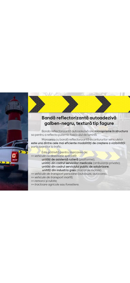 Bandă reflectorizantă autoadezivă de marcaj contur cu săgeți de culoare galben-negru pentru siguranța rutieră, rolă 5 cm x 5 m