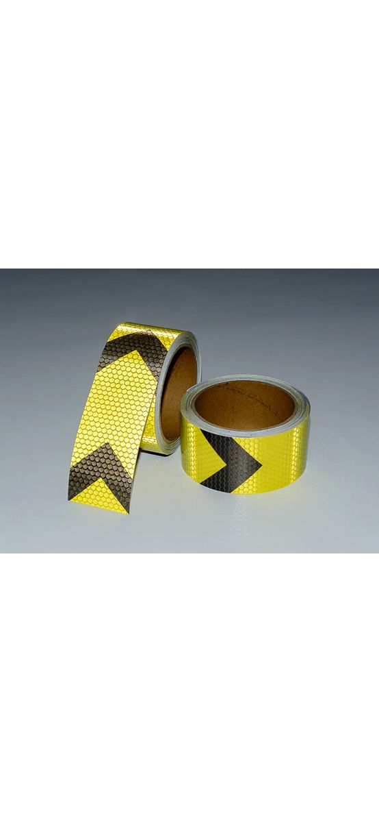 Bandă reflectorizantă autoadezivă de marcaj contur cu săgeți de culoare galben-negru pentru siguranța rutieră, rolă 5 cm x 5 m