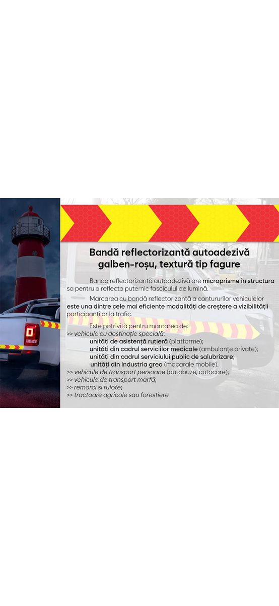 Bandă reflectorizantă autoadezivă de marcaj contur cu săgeți de culoare galben-roșu pentru siguranța rutieră, rolă 5 cm x 5 m
