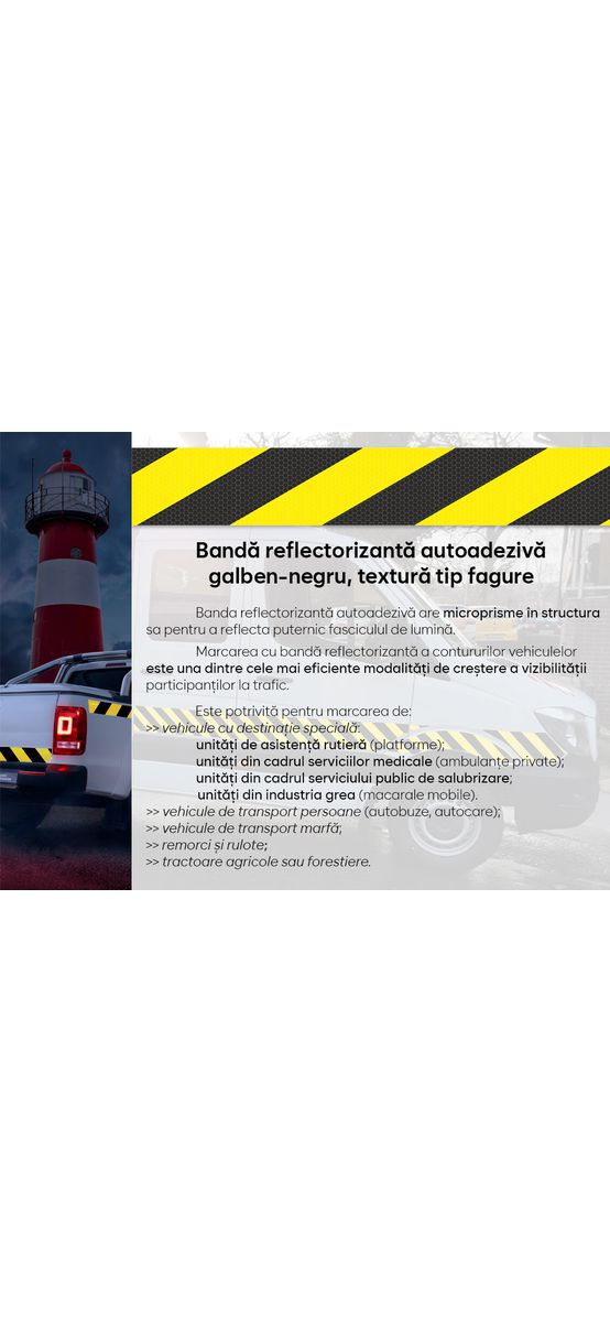 Bandă reflectorizantă autoadezivă de marcaj contur galben-negru pentru siguranța rutieră, rolă 5 cm x 5 m