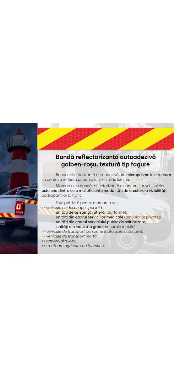 Bandă reflectorizantă autoadezivă de marcaj contur galben-roșu pentru siguranța rutieră, rolă 5 cm x 5 m