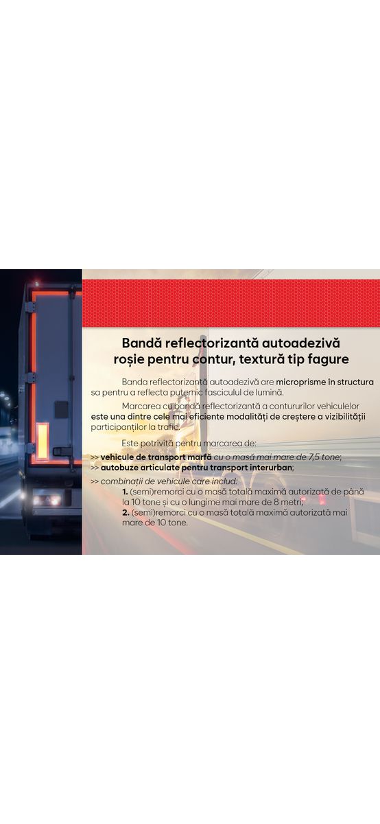 Bandă reflectorizantă autoadezivă de marcaj contur de culoare roșie pentru siguranța rutieră, rolă 5 cm x 5 m