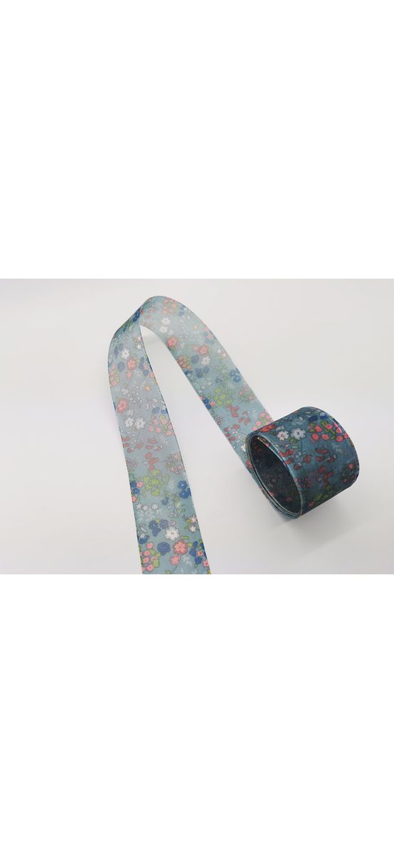 Panglică satin, Folina, albastră cu flori, rolă de 4 cmx10 metri