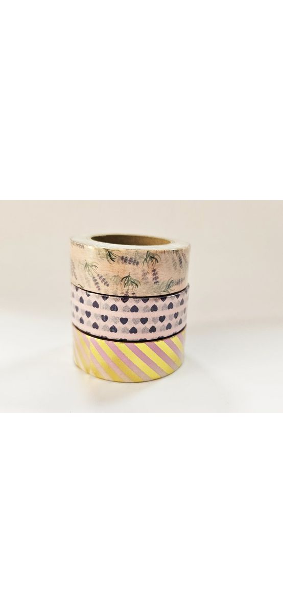Set 3 role washi tape, benzi decorative adezive, cu levantica, inimioare si dungi