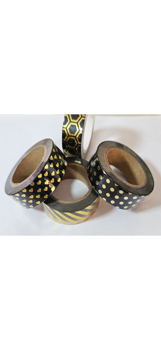 Set 4 role washi tape, benzi adezive decorative, negre cu model auriu