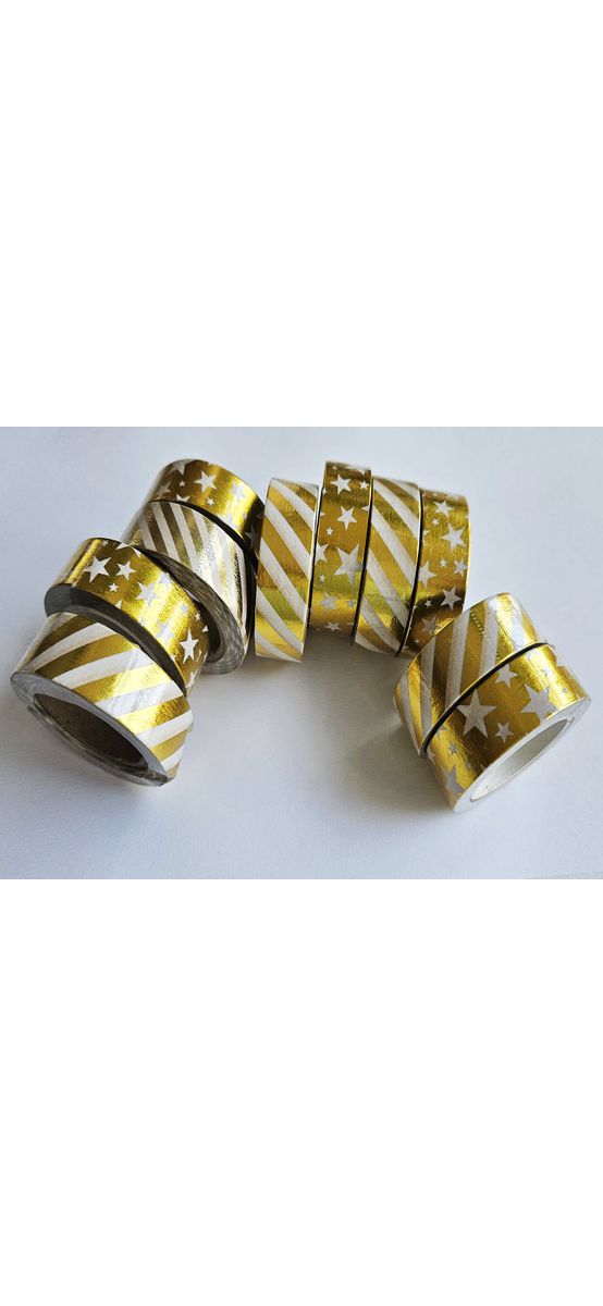 Set 10 role washi tape, benzi adezive cu stelute si dungi aurii, 15 mm x 10 m