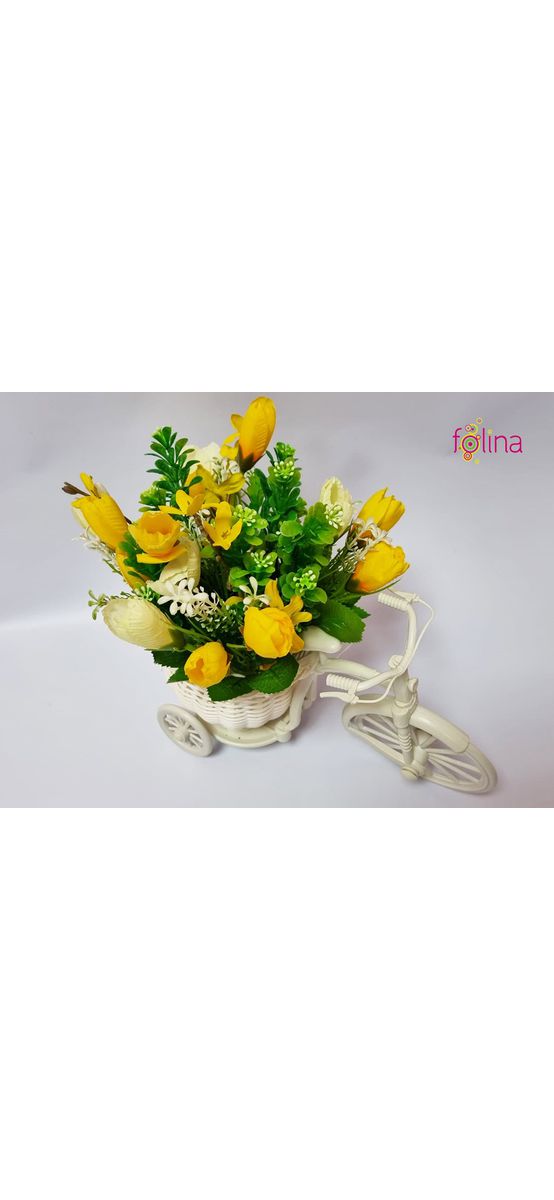 Bicicletă decorativă albă, Folina, cu flori artificiale galbene