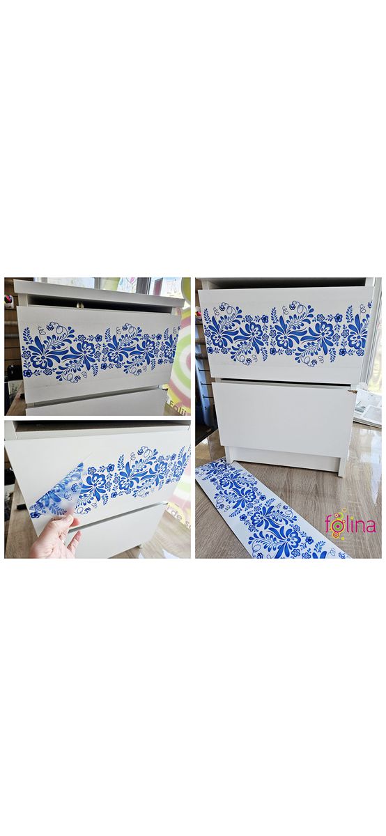 Set 3 borduri decorative autoadezive Bella, folie transparentă cu imprimeu floral albastru, role de 15 x 100 cm