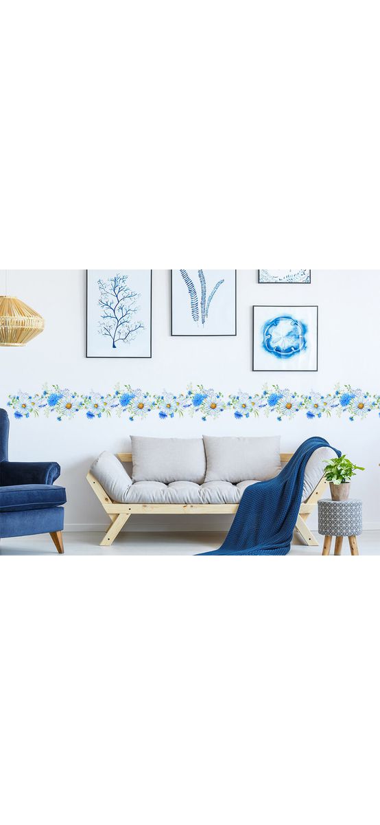 Set 3 bucăţi bordură decorativă autoadezivă, Folina, margarete şi flori albastre, 17x200 cm