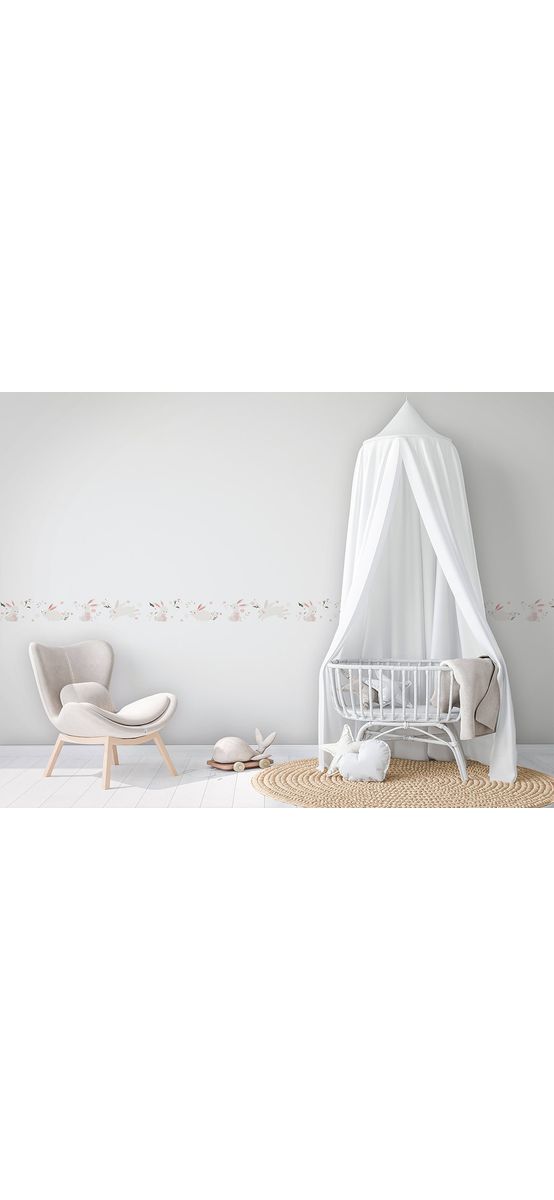 Bordură tapet cameră copii, albă cu model iepuraşi, Marburg Little Adventures 45861