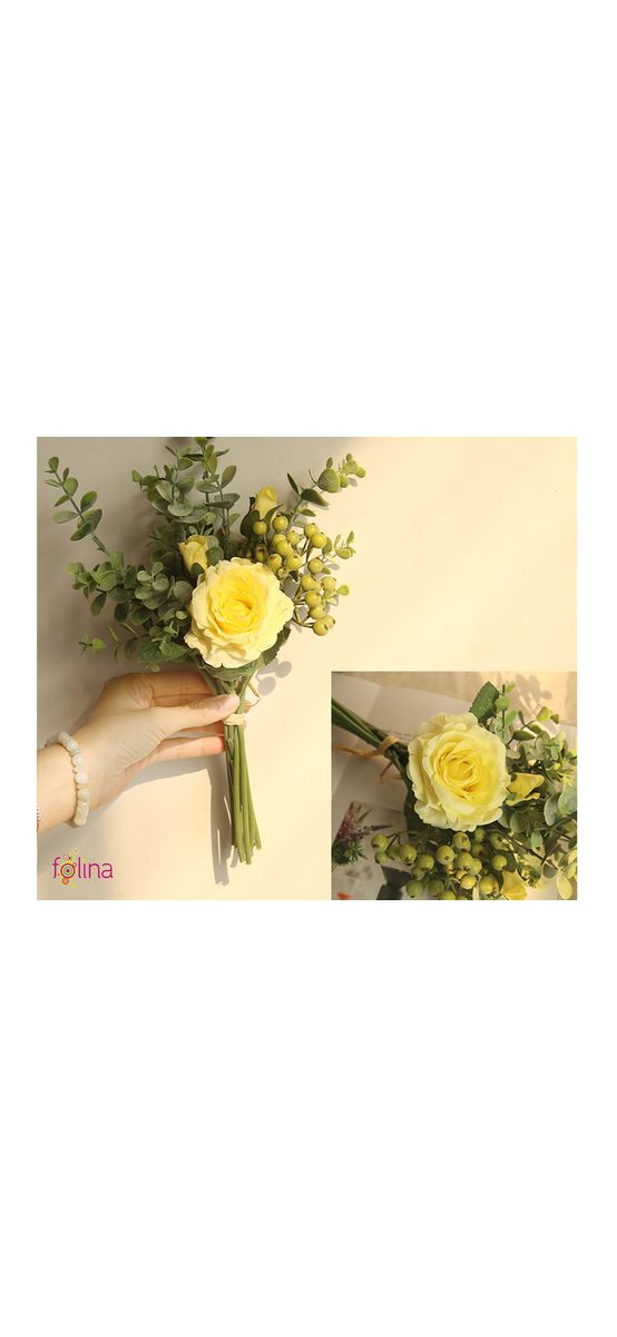 Buchet flori artificiale cu trandafiri galbeni şi plante eucalipt, 38 cm înălţime