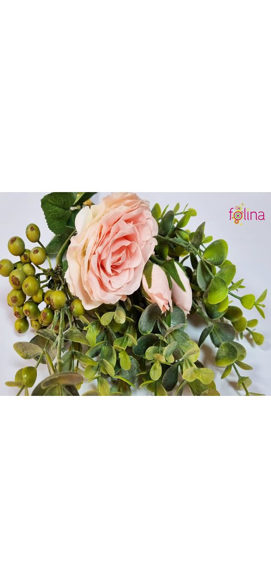 Buchet flori artificiale cu trandafiri roz şi plante eucalipt, 38 cm înălţime