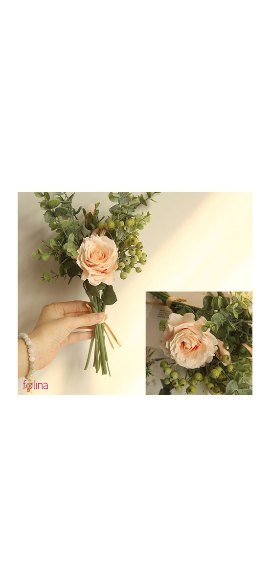 Buchet flori artificiale cu trandafiri champagne şi plante eucalipt, 38 cm înălţime