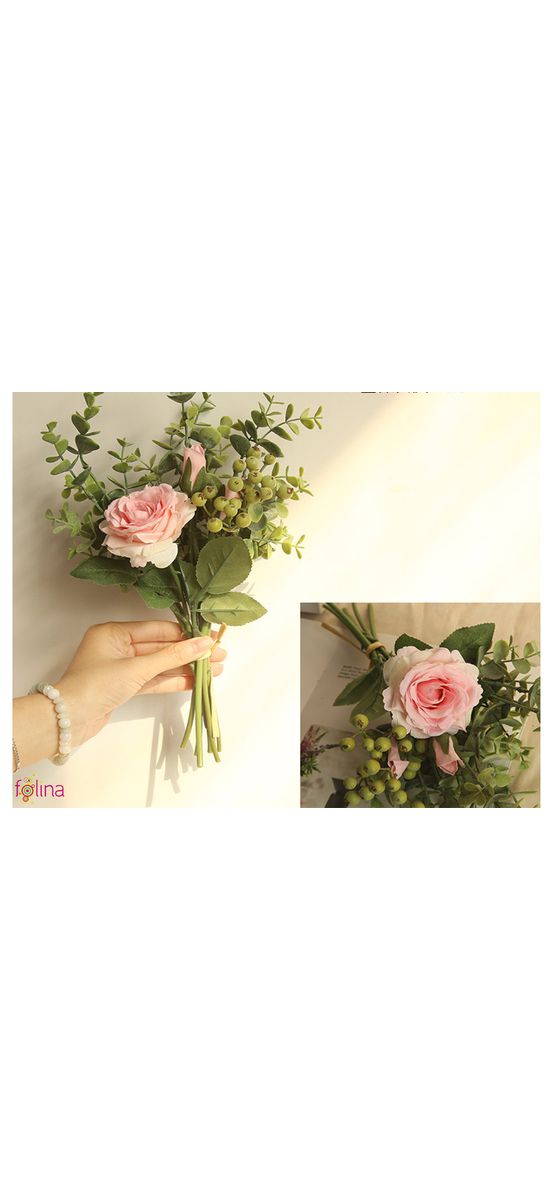 Buchet flori artificiale cu trandafiri roz şi plante eucalipt, 38 cm înălţime