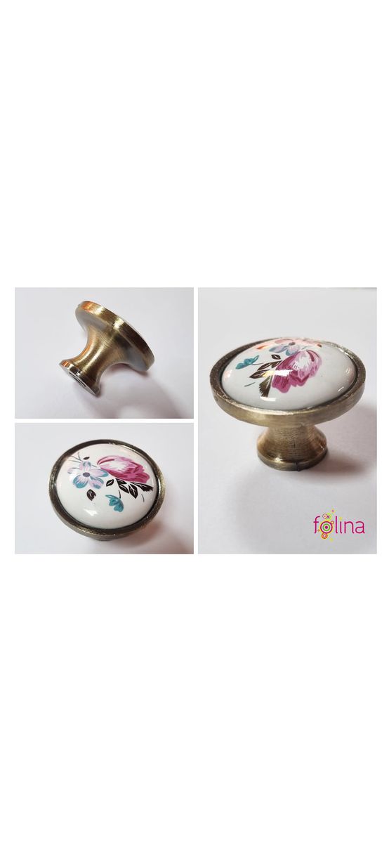 Mâner mobilă metalic, Folina 6256, buton alb cu model floral