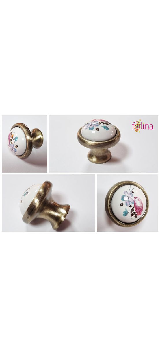 Mâner mobilă metalic, Folina 6252, buton alb cu flori