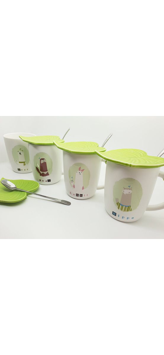 Cană Frunză, Folina, din ceramică, cu linguriţă şi capac verde