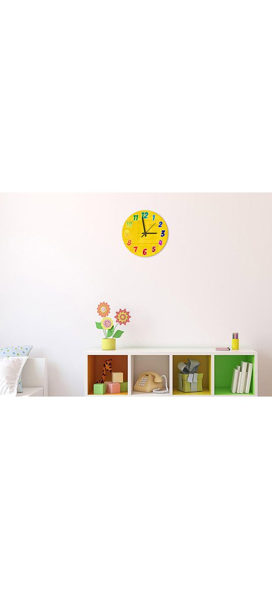 Ceas de perete, Folina, galben cu cifre colorate, 30 cm diametru