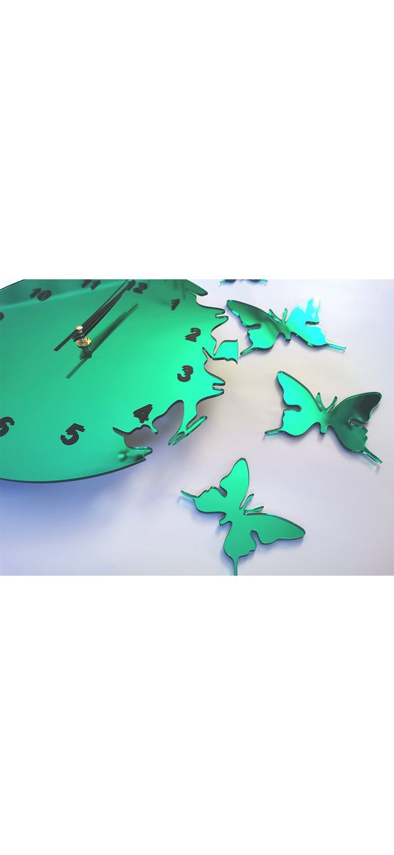 Ceas de perete Fluturi, din oglindă acrilică verde, 30 cm