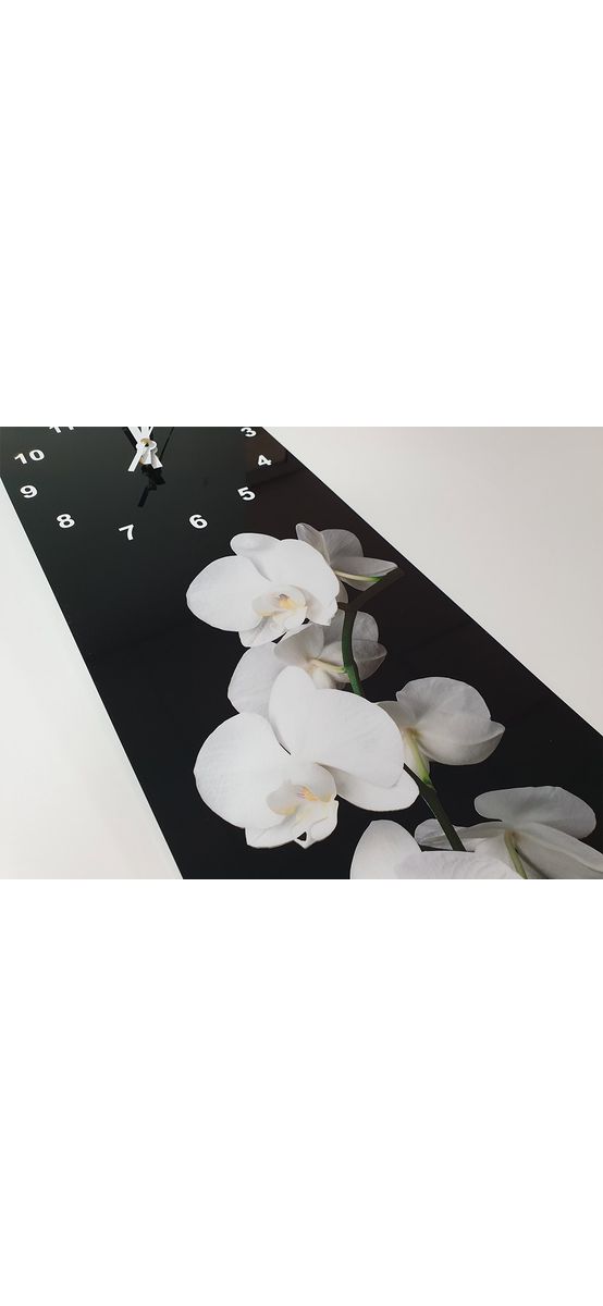 Ceas perete, Folina, negru cu orhidee albă, 20x60 cm