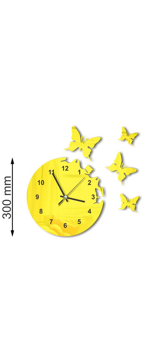 Ceas decorativ Fluturi, Folina, din plexiglass galben lucios, 30 cm