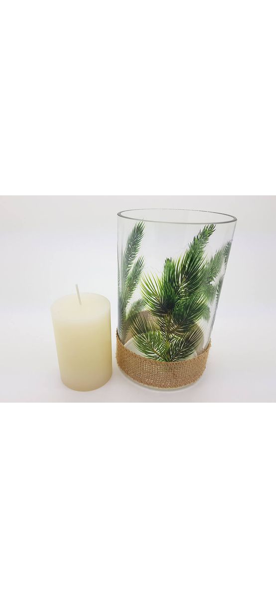 Cilindru din sticlă cu decor crengi de brad şi lumânare - model 2