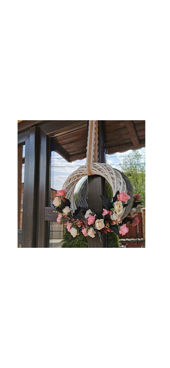 Coroniţă decorativă, Folina, albă cu flori artificiale roz, 30 cm