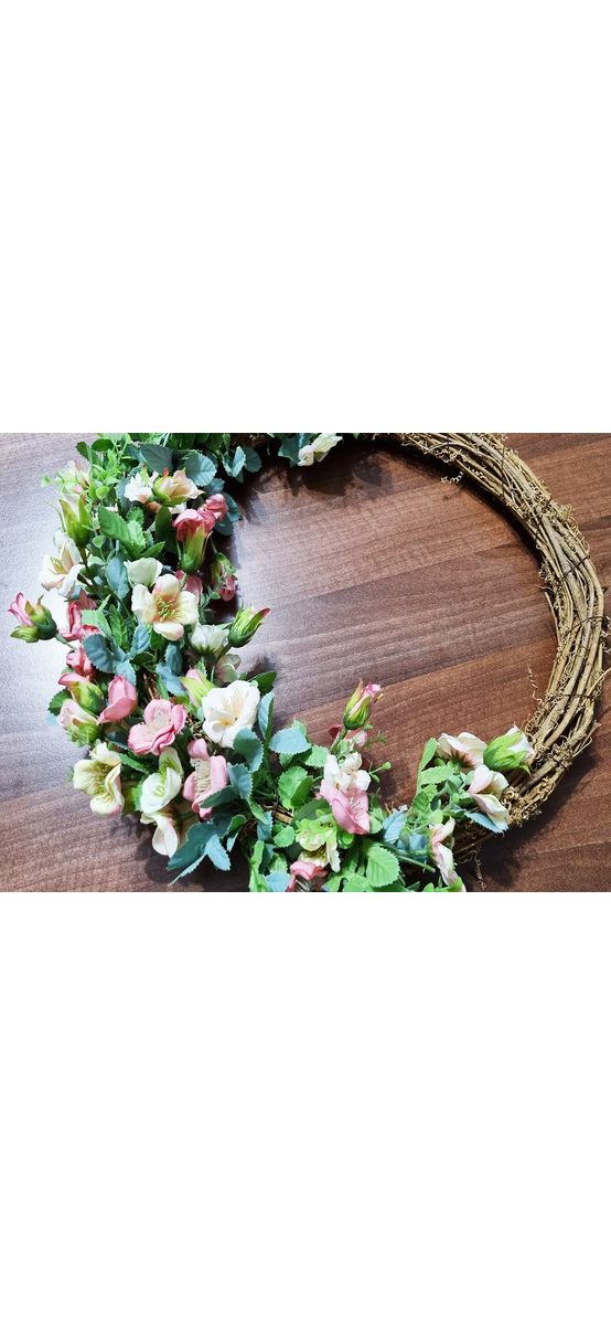 Coroniţă decorativă, Folina, flori artificiale crem şi roz, 40 cm