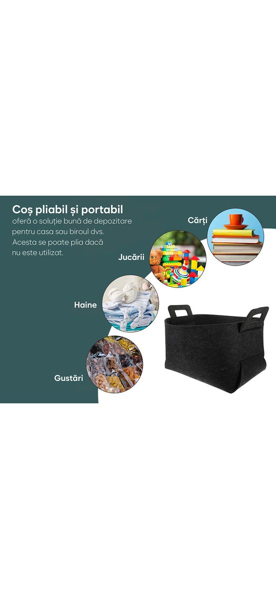 Coș depozitare și organizare din pâslă neagră, Folina, cu mânere, 38 x 23 x 24 cm