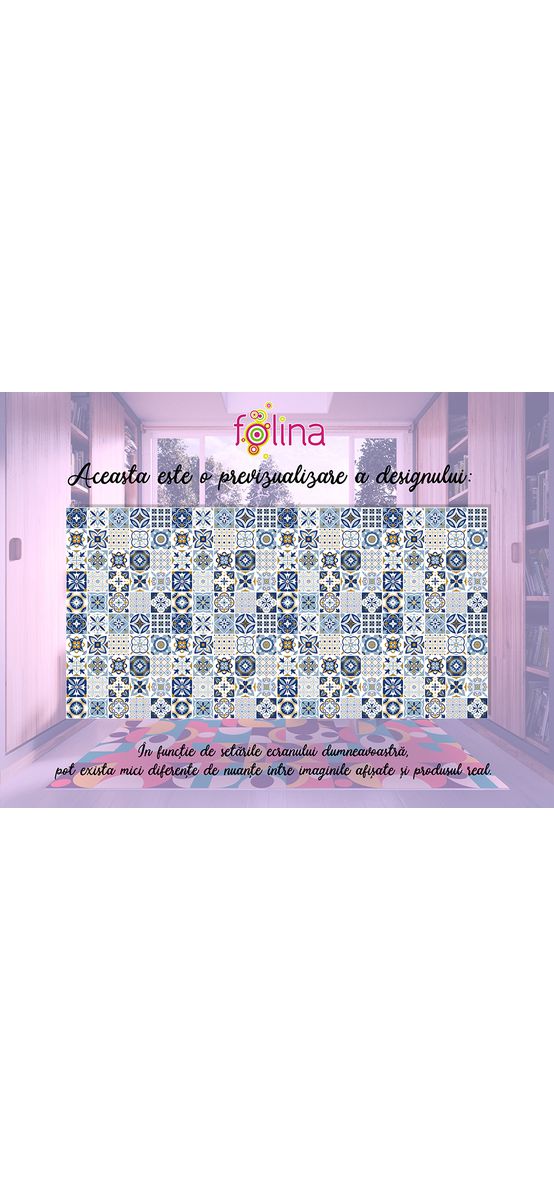 Covor antiderapant pentru bucătărie, din pvc, model Blue Tiles, linoleum antiderapant la rolă de 60x400 cm