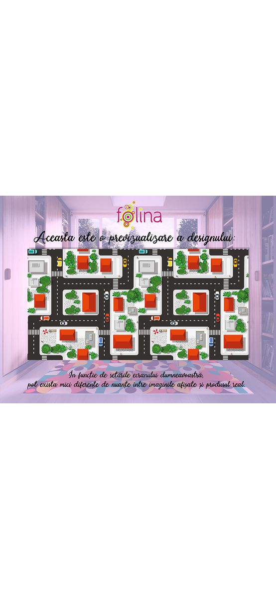 Covor antiderapant pentru cameră copii, din pvc, model străzi și case, linoleum antiderapant la rolă de 80x158 cm lățime.