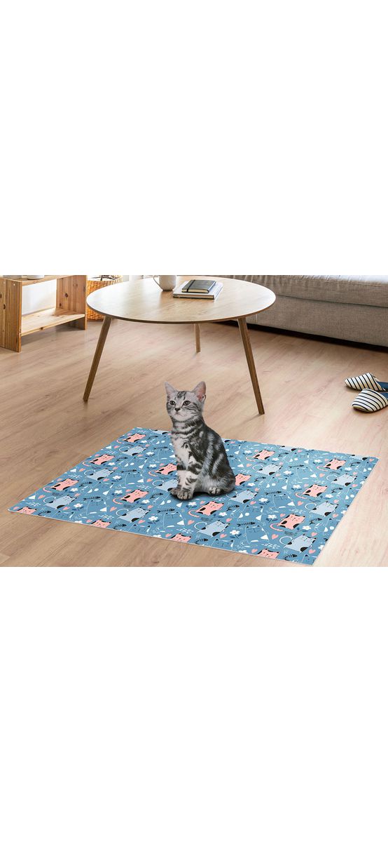 Covor antiderapant din vinil, model albastru cu pisici, 79 x 100 cm