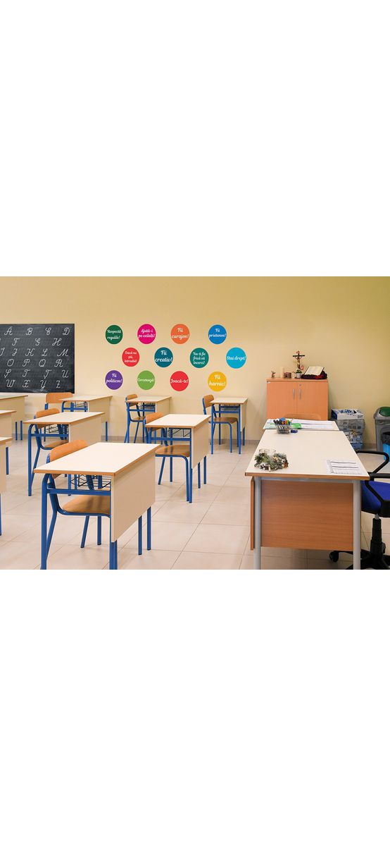 Set autocolant tablă de scris neagră şi buline cu mesaje, Folina EDU72, decor pentru grădiniţe şi şcoli