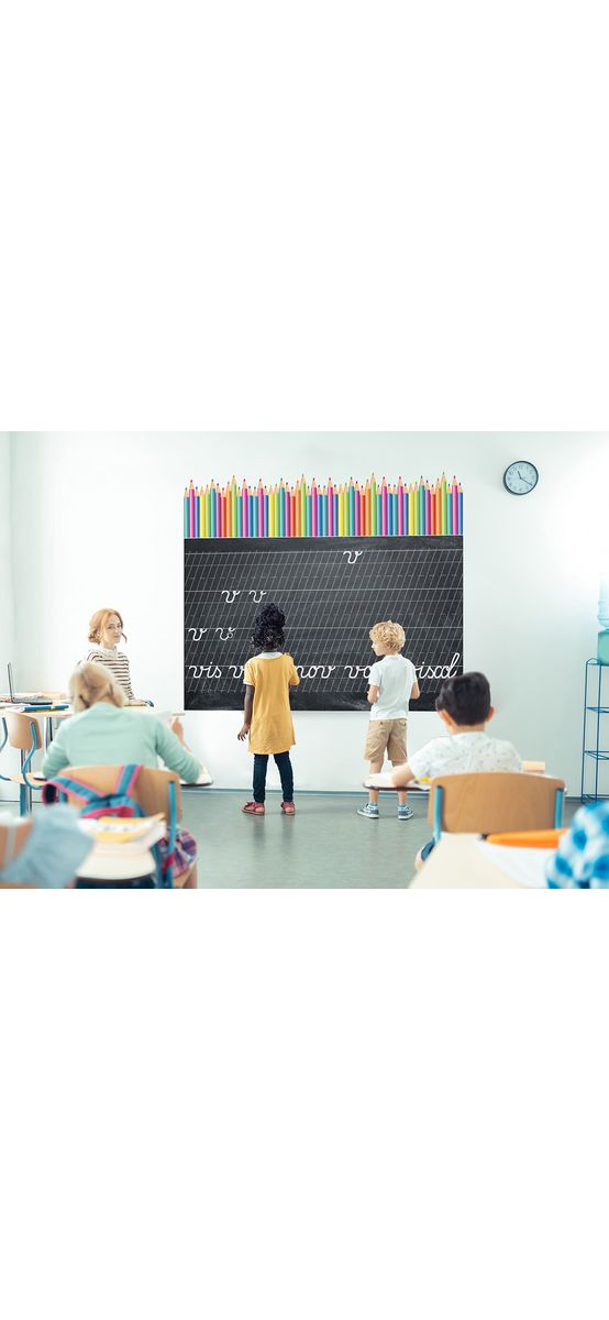 Set autocolant tablă de scris neagră şi bordură creioane colorate, Folina EDU71, decor pentru grădiniţe şi şcoli