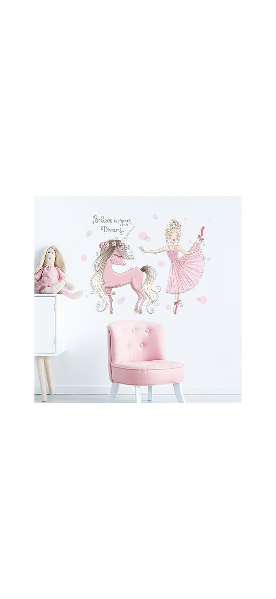Stickere cameră fete, balerina cu unicorn, decor roz