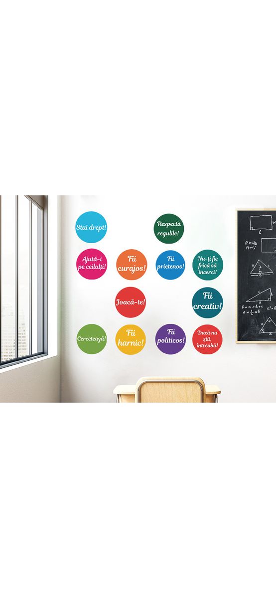 Set autocolant tablă de scris neagră şi buline cu mesaje, Folina EDU72, decor pentru grădiniţe şi şcoli