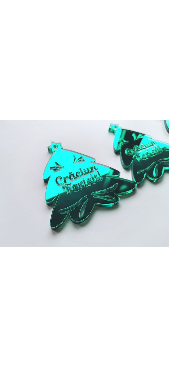 Set 3 decoraţiuni Brăduţ cu mesaj Crăciun fericit, din oglindă acrilică verde