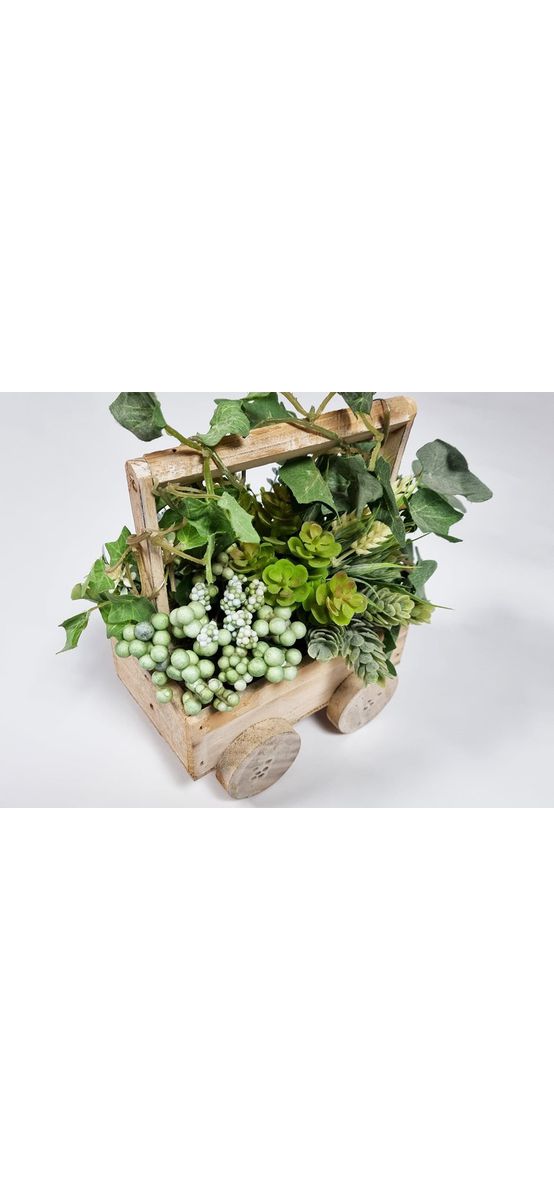 Decoraţiune din lemn, Folina, cărucior cu plante artificiale verzi