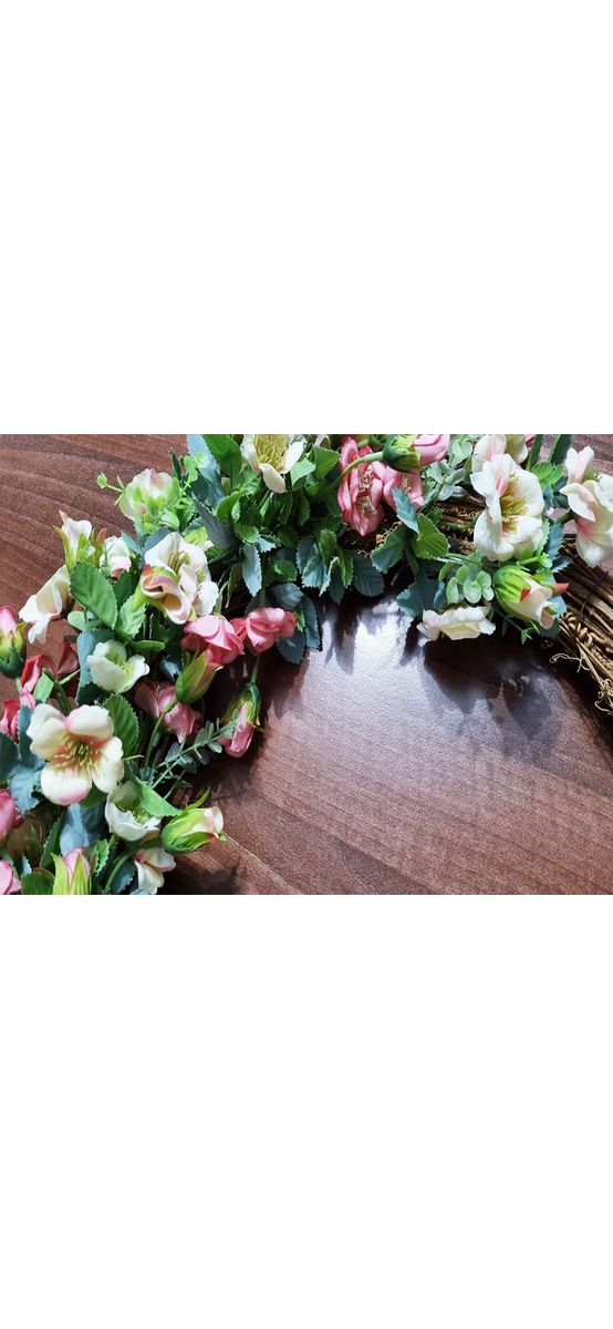 Coroniţă decorativă, Folina, flori artificiale crem şi roz, 40 cm