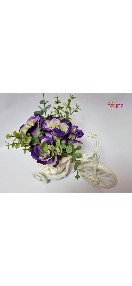 Bicicletă decorativă albă, Folina, cu flori artificiale violet