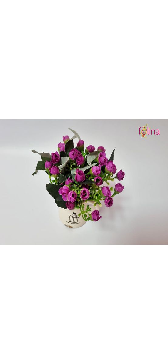 Decoraţiune cu floricele artificiale mov în vas ceramic vintage