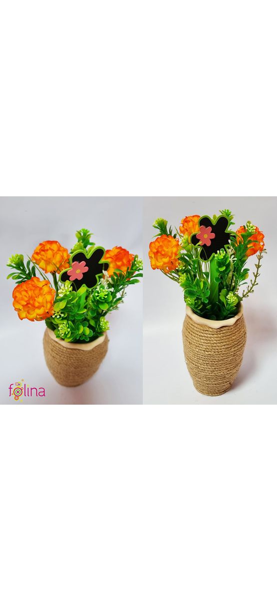 Ghiveci din ceramică cu flori artificiale portocalii, 20 cm